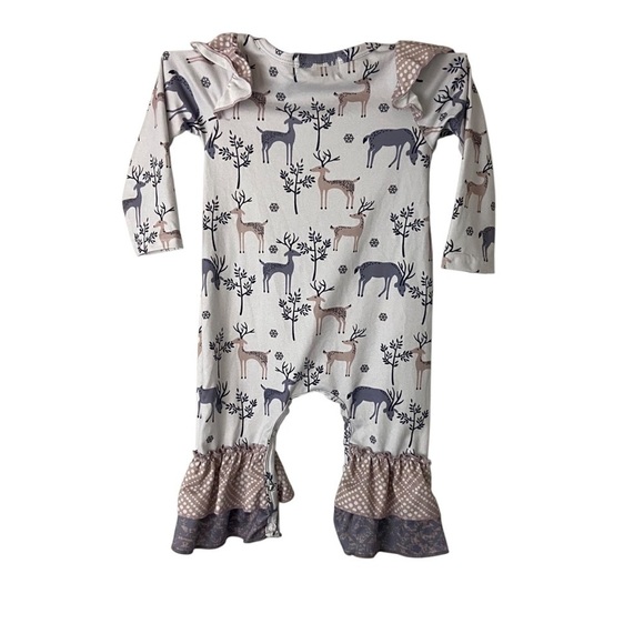 Deer Print Baby Girl Ruffled Romper One Piece Snap Closure Soft Material 6-12M - Picture 9 of 12